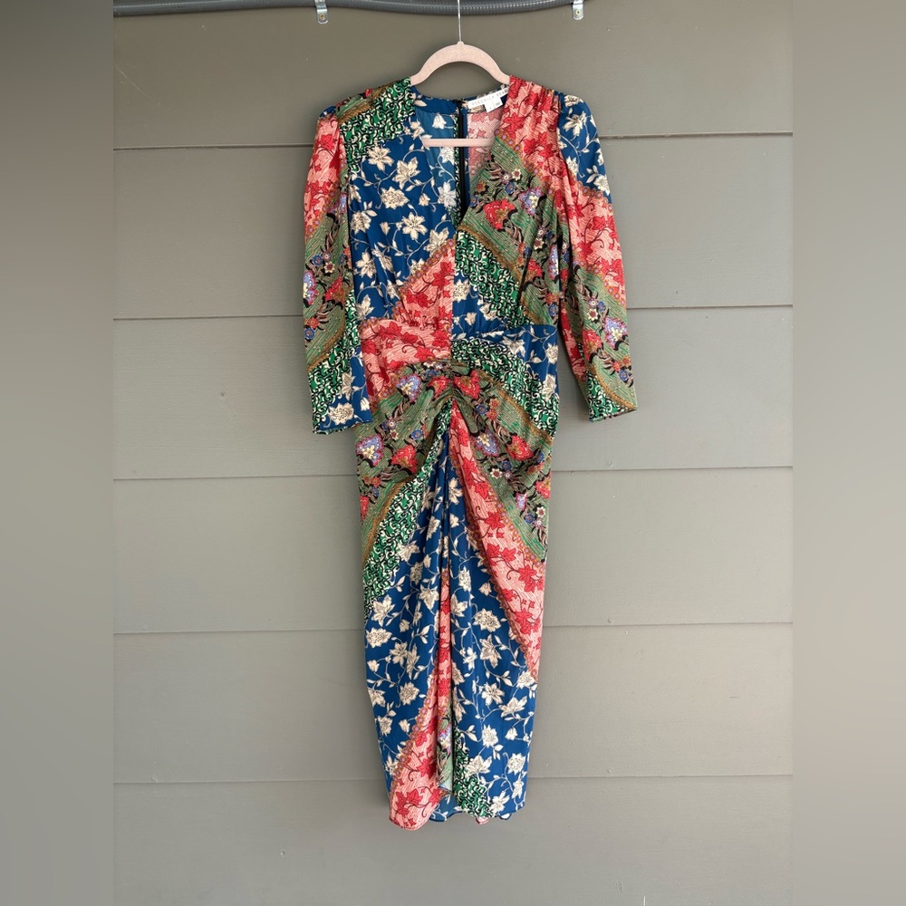 Veronica Beard Mary Ruched Patchwork 3/4 Sleeve Silk Blend Midi Dress - Picture 4 of 15